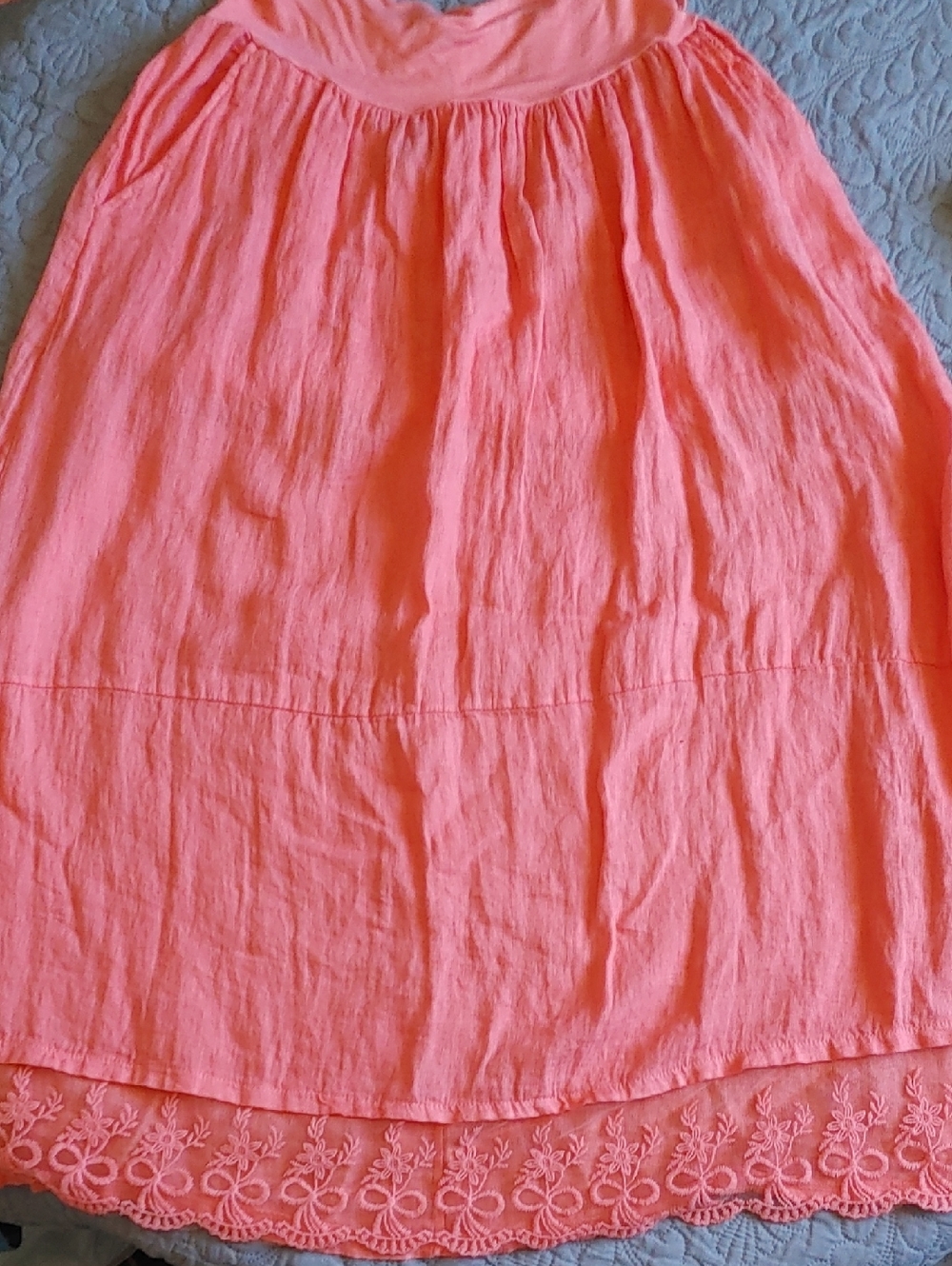 Froccella Linen Coral Pink Embroidered Hem Maxi Skirt One Size